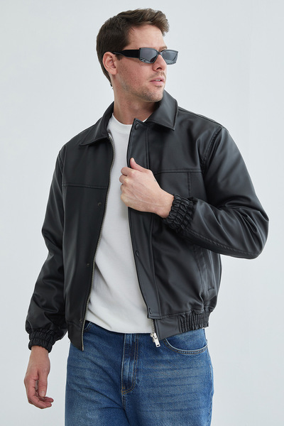 Fulla Moda Jachetă bomber din piele artificială cu guler polo și fermoar