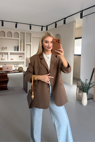 Sezgi Tekin Oversize Bone Buttoned Khaki Blazer Jacket