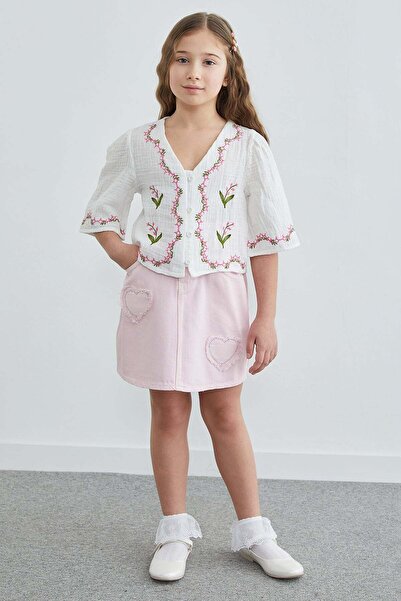 Fulla Moda %100 Pamuk Çiçek Nakışlı Müslin Kumaş Kız Çocuk Gömlek