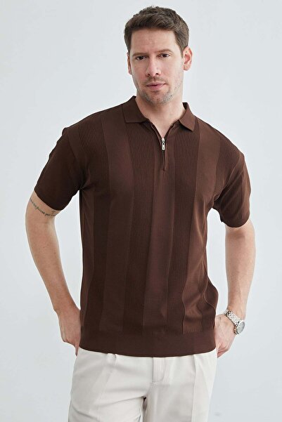 Fulla Moda Πλεκτό μπλουζάκι με ρίγες, μισό φερμουάρ και λαιμόκοψη πόλο