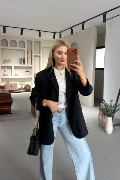 Sezgi Tekin Oversize Bone Buttoned Black Blazer Jacket