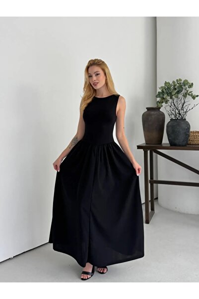 hazelin Women's Black Crew Neck Top Flexible Viscose Bottom Wide Poplin Woven...