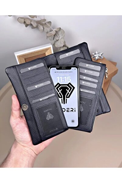 Fil Deri Genuine Leather Wallet with Phone Compartment and Zippered Card Hold...