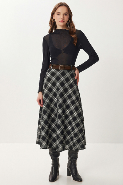 Lovelyİstanbul Belted Checkered Midi Woven Skirt Ldp0094 Black Gray