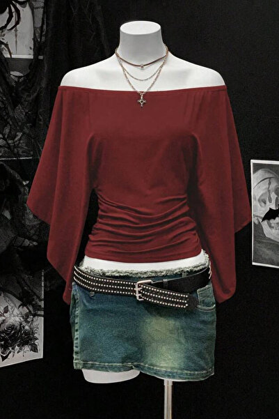 Köstebek Burgundy Madonna Collar Bat Sleeve Plain Y2K Long Sleeve Crop