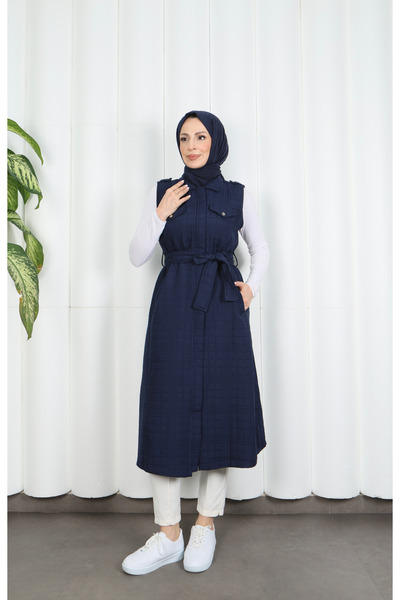 HNT Hayrunnisa Tesettür Cep Kapak Detaylı Kapitone Yelek Lacivert HNT7117