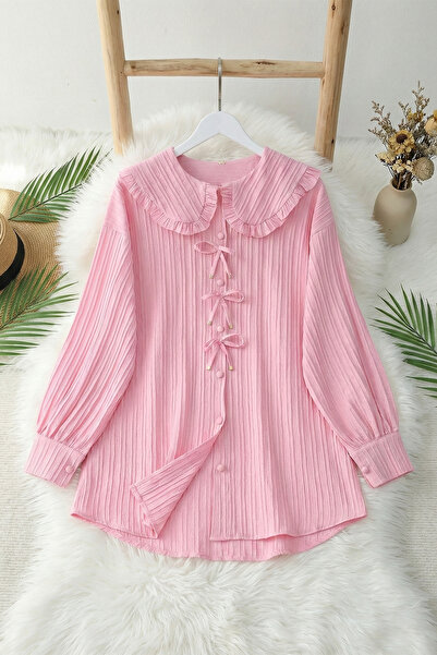 MODAQU Ribbon Detailed Buttoned Baby Collar Shirt Tunic - Pink