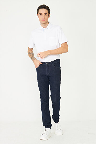 White Stone Navy Blue Classic Style Casual Denim Trousers