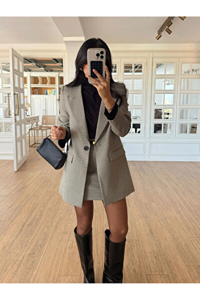 My Blog Beige Gingham Jacket Skirt Set - 4093