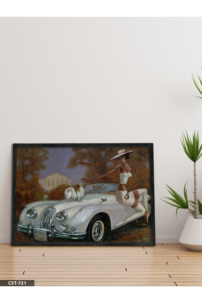 Evinemoda Auto, pas i žena, jednodijelna crna slika u drvenom okviru