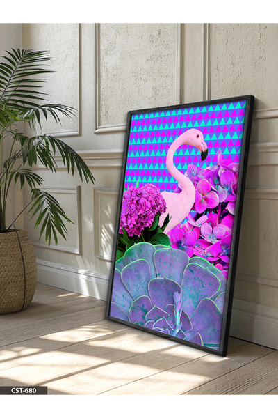 Evinemoda Flamingo i cveće, jednodijelna crna slika u drvenom okviru