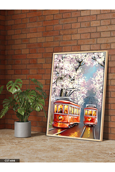 Evinemoda Prolećna crvena tramvajna slika u jednom komadu sa drvenim okvirom