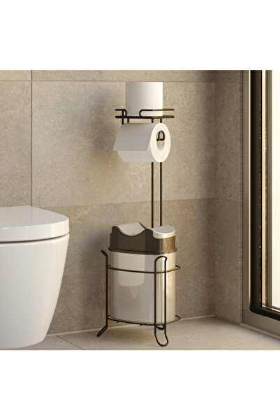 Evistro Standlı Banyo Tuvalet Kağıdı Askısı Kovalı Yedekli Ayaklı Siyah