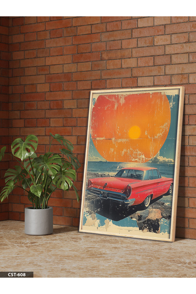Evinemoda Poster vintage cu mașină, tablou înrămat din lemn dintr-o singură b...