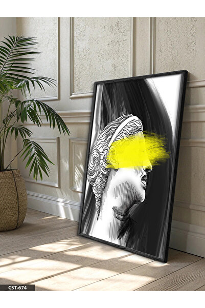 Evinemoda Yellow Line and Sculpture One Piece Black Wooden Framed Painting