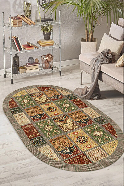 GECE MODA ETNİK DESENLİ DİJİTAL BASKILI Haki Kaymaz Taban Yıkanabilir Mutfak ...