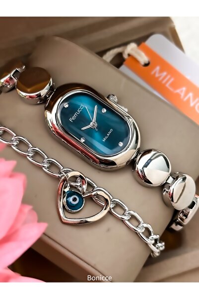 Ferrucci Oval Case Women's Wristwatch, Silver Color Steel Band, Dark Blue Dia...