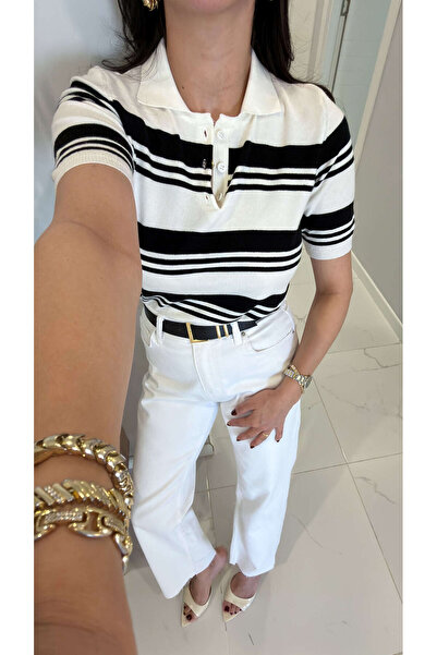 BİRCANÇİL Md Veone Ecru Black Polo Collar Short Sleeve Knitwear