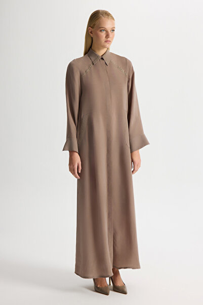 MISS DALIDA Nakış Detaylı Cupro Kap Kahverengi Pudra