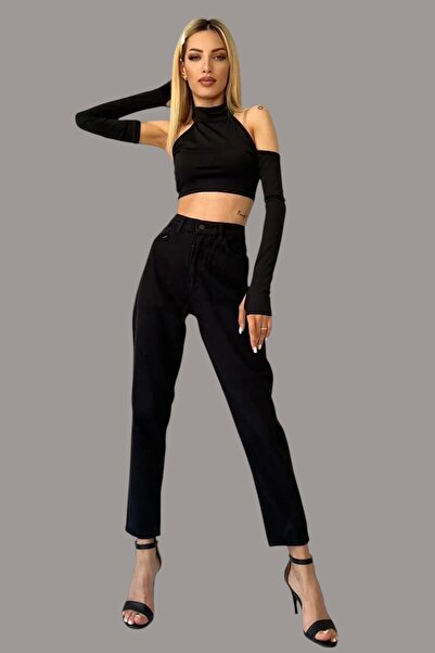 Ramrod Черни еластични дънки с висока талия, модел „мама“, панталони тип „бой...