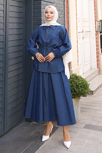 Modamihram Σετ τζιν με φούστα και λεπτομέρεια με κορδόνια στη μέση, Σκούρο Μπ...