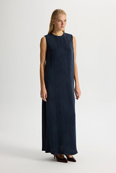 MISS DALIDA Düz Renk Kolsuz Cupro Elbise Dark Navy