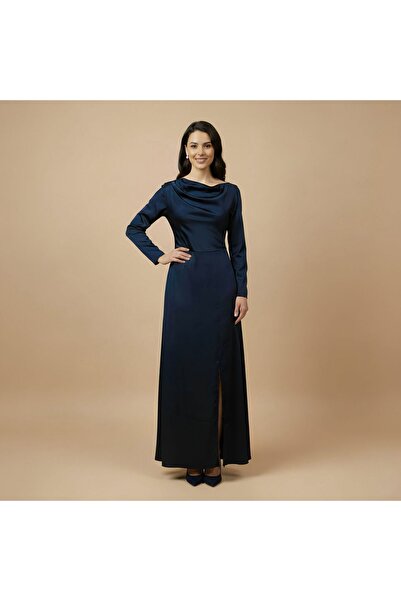 SERA Royal Navy Satin Draped Neck Gown