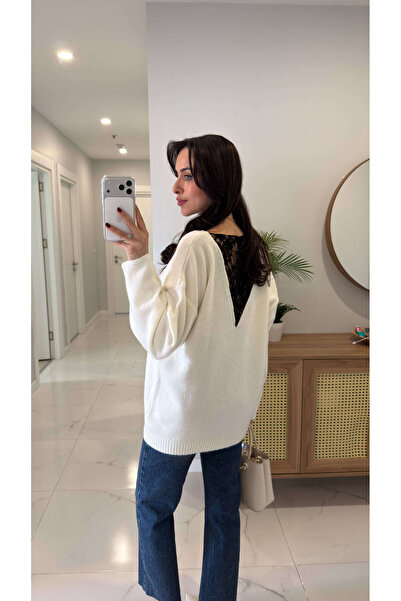 BİRCANÇİL Lesiya Ecru Knitwear with Lace Detail on the Back