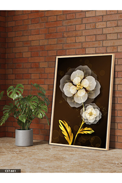 Evinemoda Tablou cu ramă din lemn, cu floare albă și frunze aurii