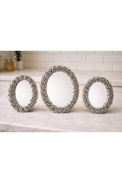 RÖNESANS HEDİYELİK Gümüş gül kabartmalı dekoratif 3’lü ayna