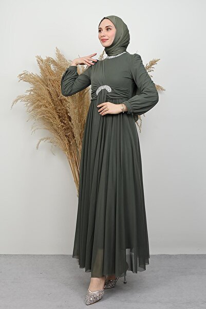 GİYZAMİLA Breathable Stone Tulle Evening Dress Khaki