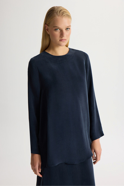 MISS DALIDA Uzun Kollu Cupro Tunik Dark Navy