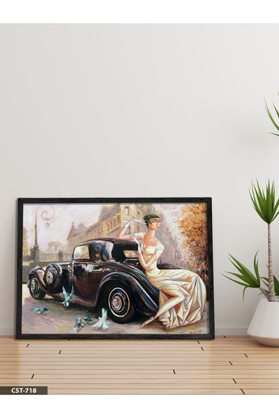 Evinemoda Automobil i žena u haljini, jednodijelna crna slika u drvenom okviru