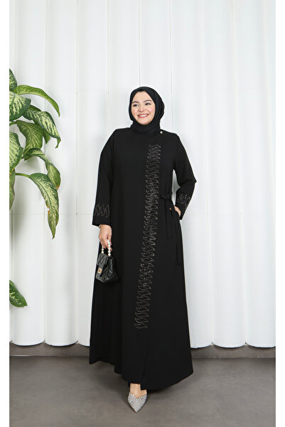 HNT Hayrunnisa Tesettür Büyük Beden Zarif Taş İşlemeli Kuşak Detaylı Anne Elb...