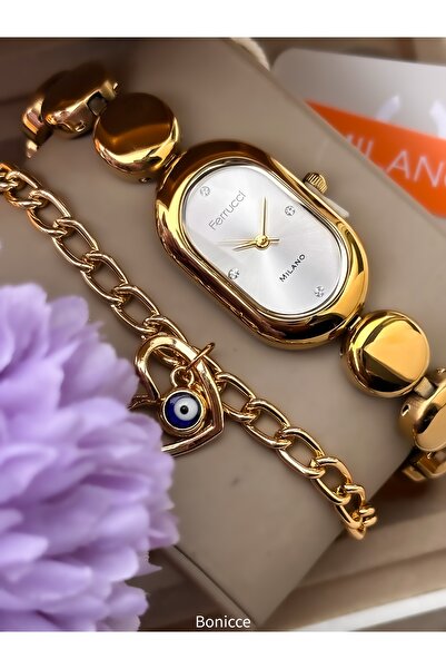 Ferrucci Oval Case Women's Wristwatch, Yellow Color Steel Band, White Dial, S...