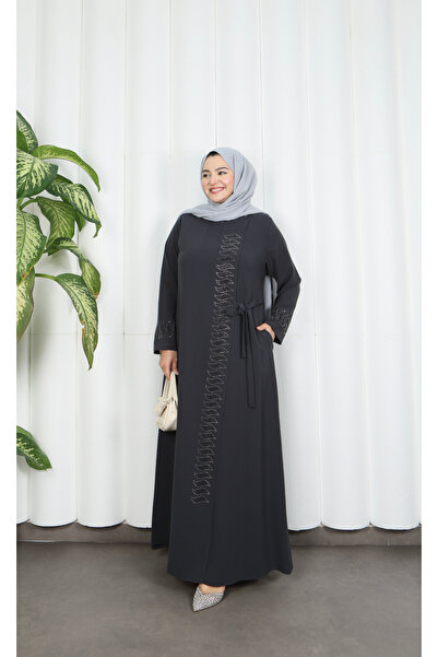 HNT Hayrunnisa Tesettür Büyük Beden Zarif Taş İşlemeli Kuşak Detaylı Anne Elb...