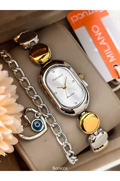 Ferrucci Oval Case Women's Wristwatch, Silver-Yellow Color Steel Band, White ...