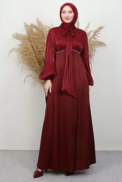 GİYZAMİLA Perla Saten Evening Dress Burgundy