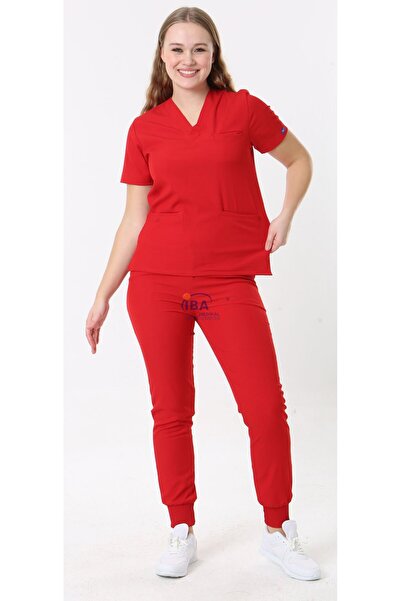 İBA MEDİKAL Hemşire Doktor Scrubs Jogger Likralı Takım (Ribanalı )