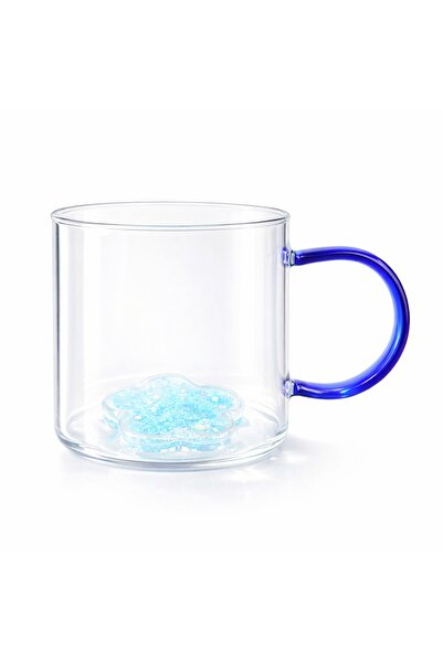 Ginza Mug with 3D blue flower, double walls, borosilicate glass and glitter i...