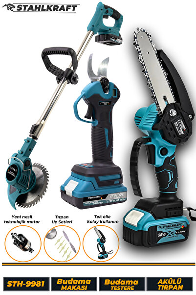 STAHLKRAFT STH 9981 3'lü Set Akülü Budama + Akülü Makas + Akülü Tırpan Seti