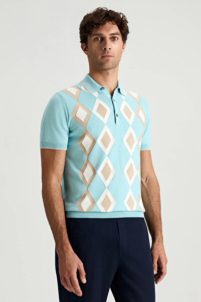 Hemington Saf Pamuk Argyle Desen Açık Mavi-Bej Triko Polo