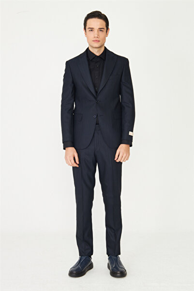 White Stone Navy Blue Fine Line Textured Classic Collar Modern Suit