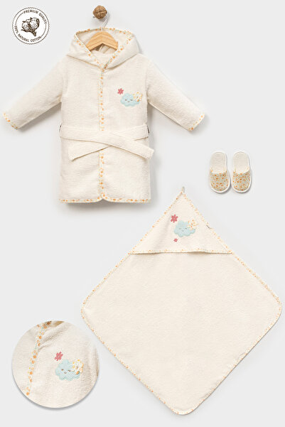 Bebitof Sevimli Bulut ve Çiçekler Desenli %100 Pamuk Bebek Bornoz Seti 0-2 Ya...