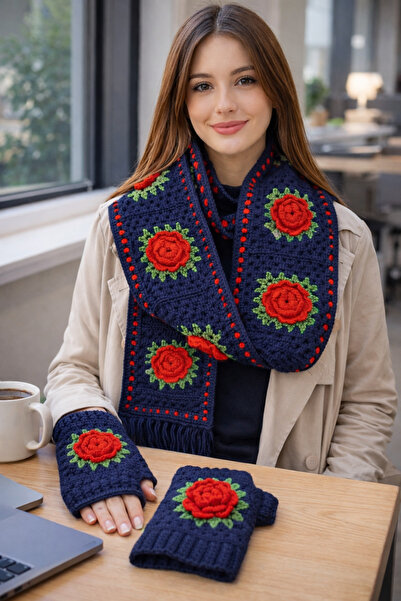 diğerr1 Megahan Boutique Navy Blue and Red Rose Motif Scarf and Glove Set