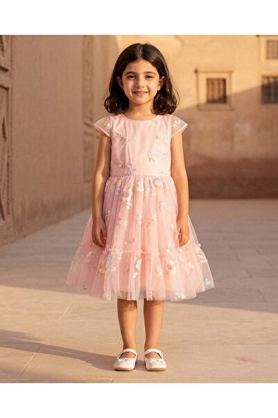 REDTAG Girls Pale Pink All-Over Embroidered Mesh Dress
