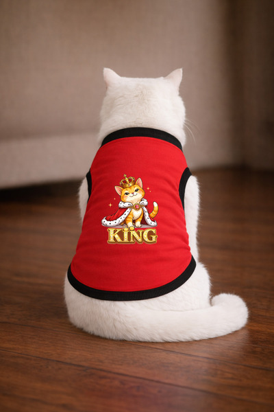 petite pati تيشيرت للقطط مطبوع عليه King Cat باللون الأحمر مقاس XL (100% قطن ...