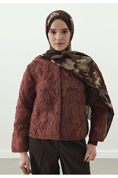 Fresh Sweet Vanilla Patterned Cotton Viscose Shawl Dark Burgundy