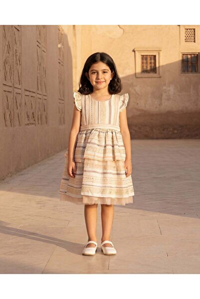 REDTAG Girls Gold Striped Jacquard Double Layered Dress