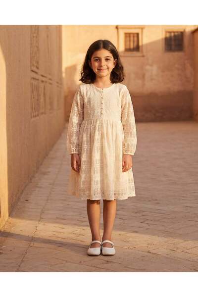REDTAG Girls Cream Button-Front Lace Midi Dress
